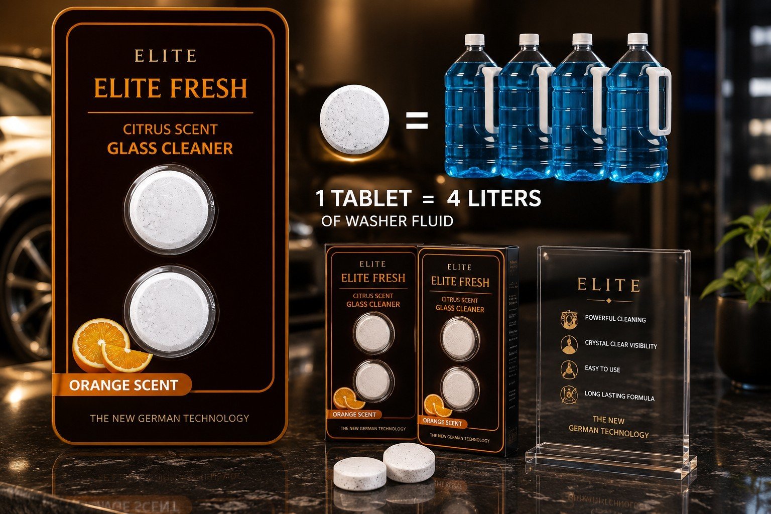 Citrus Glass Cleaner Tablets - Elite Fresh Effervescent for Car & Home Use