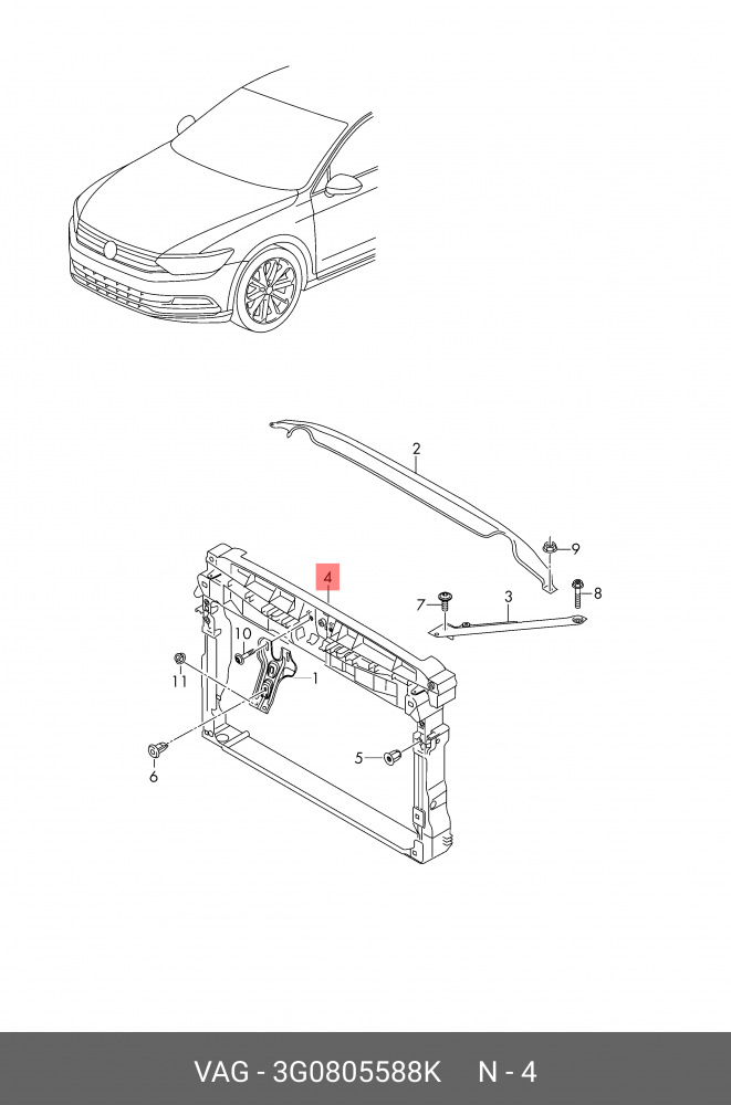 VW Passat 2015-2023 Front Slam Panel Radiator Support Gasoline OEM 3G0805588K - Image 2